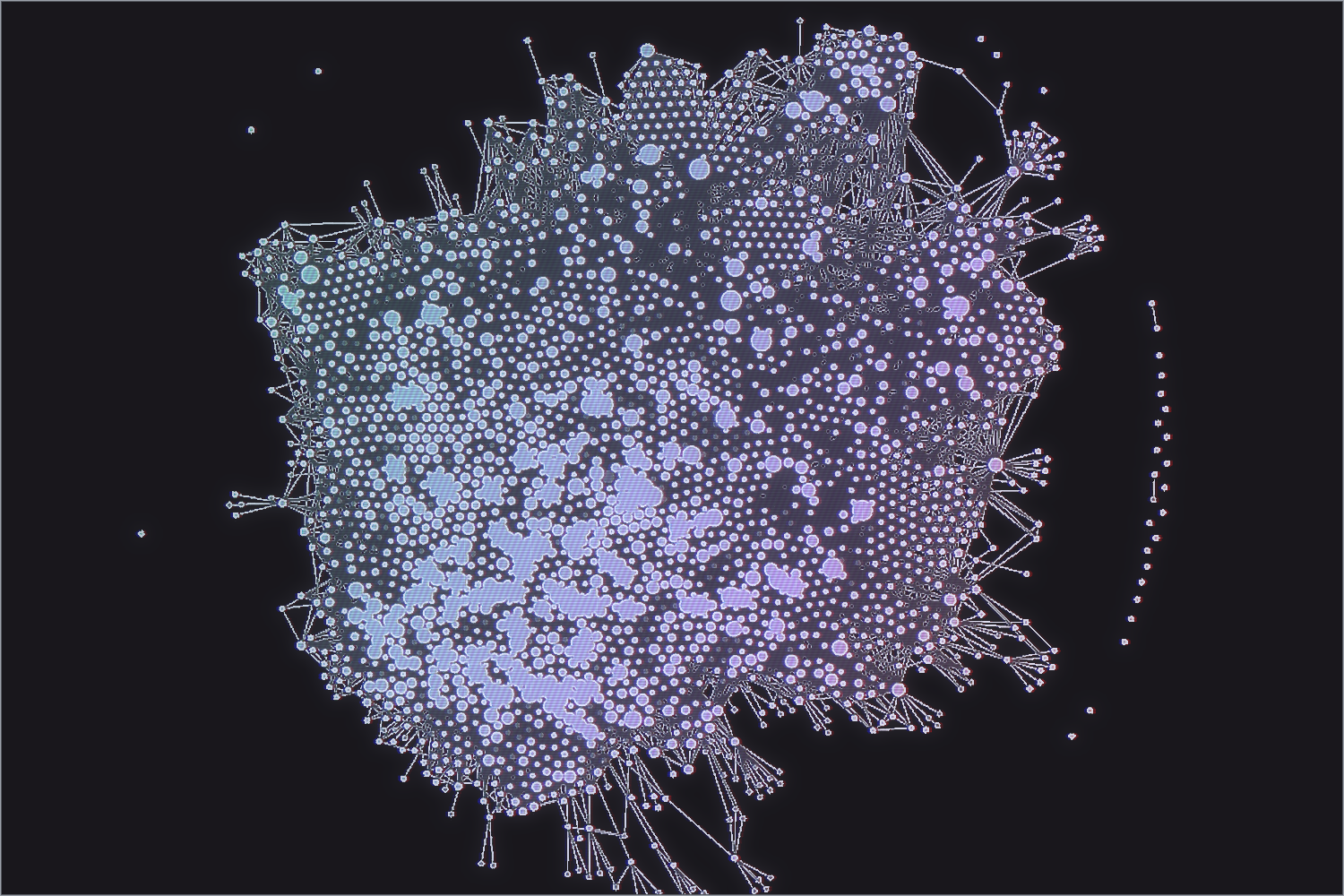 A holographic treatment of the vault's graph view, taken 11 October 2026: every note a dot and every link a line, packed into one dense cluster with tendrils at its edges and a few unlinked notes in an arc beside it. Light against a dark ground, teal at the left shading to violet at the right.