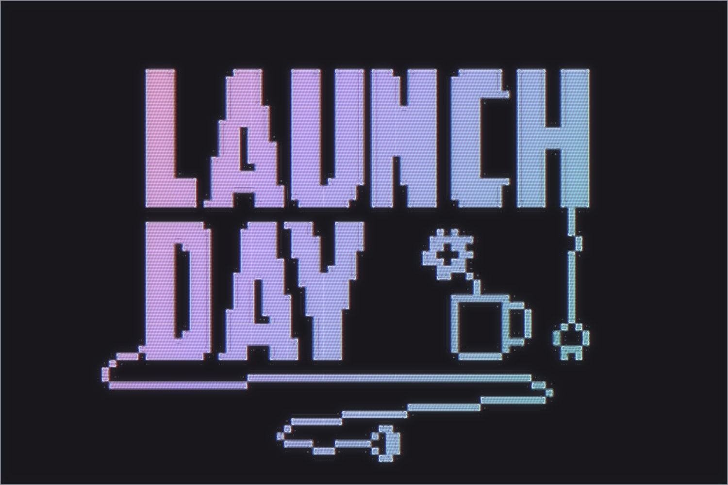 A holographic treatment of the game's itch.io title card: LAUNCH DAY in pixel letterforms, with a long instrument, a syringe, a mug and a small gear arranged beneath and beside them. Projected in light against a dark ground, scanlined, the colour shifting rose through violet to blue without changing in brightness.