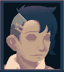 Pixel portrait: Carol, dark hair pinned back, looking aside.