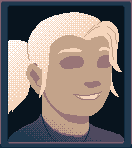 Pixel portrait: Lyra, fair hair tied back, smiling.
