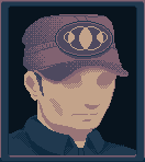 Pixel portrait: Mendez, in a cap with the station's eye emblem.