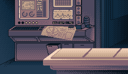 Pixel scene: the medbay, a console of screens and dials above an examination bed.
