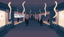 Pixel scene: the station's plaza hub dressed for a party, a banner reading 700 years, streamers and silhouetted crew.