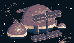 Pixel scene: the space station from outside, a dome and solar arrays against the stars.