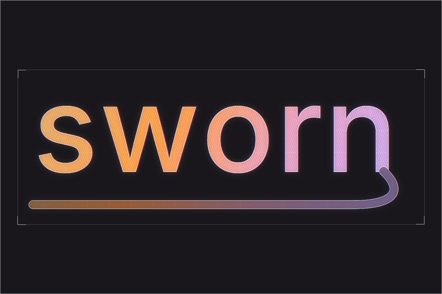 A holographic treatment of the Sworn wordmark: the name set in lowercase with the signing line launching off the final letter and sweeping back beneath the word. Projected in light against a dark ground, scanlined, the colour shifting amber through orange to rose and violet without changing in brightness.