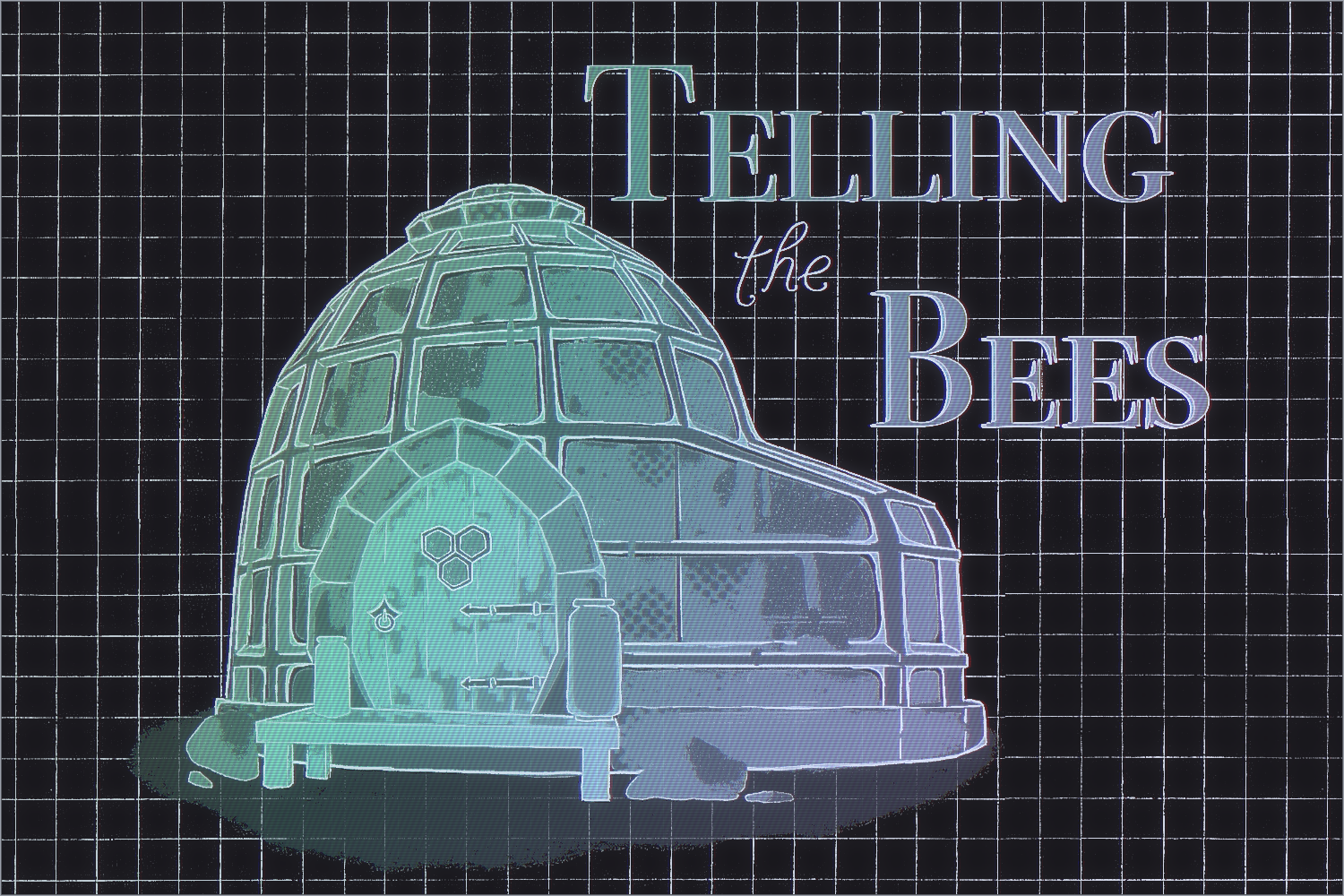 A holographic treatment of the game's title card: the glasshouse skep seen head on, its dome ruled into panes, an arched door and two jars at the foot, standing on graph paper, with the title set beside it. Projected in light against a dark ground, scanlined, the colour shifting teal through blue to violet without changing in brightness.