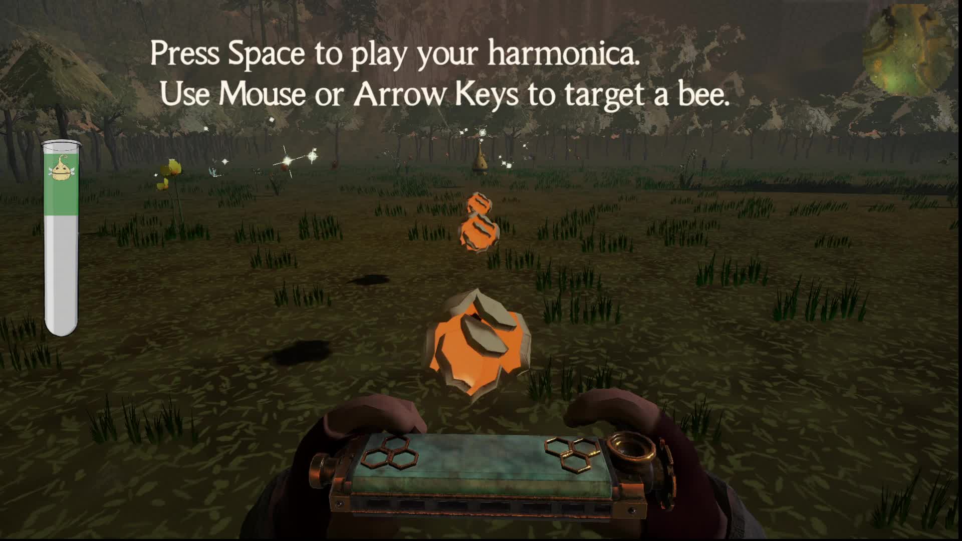 In-game capture: a dim field at dusk, two orange bees hovering ahead, gloved hands holding the brass and teal harmonica, a jar gauge at the left and the prompt: press Space to play your harmonica, use mouse or arrow keys to target a bee.