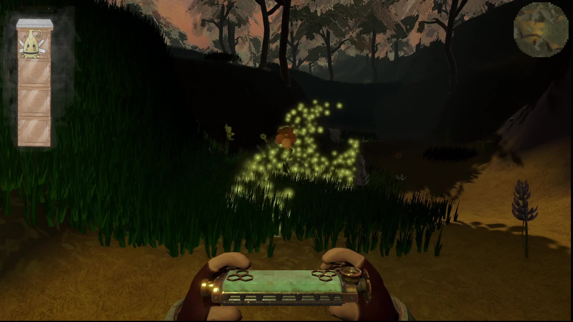 In-game capture in a dark meadow under trees: a swarm of glowing green motes rising from tall grass, a hive gauge at the left, the harmonica held at the bottom of the frame.