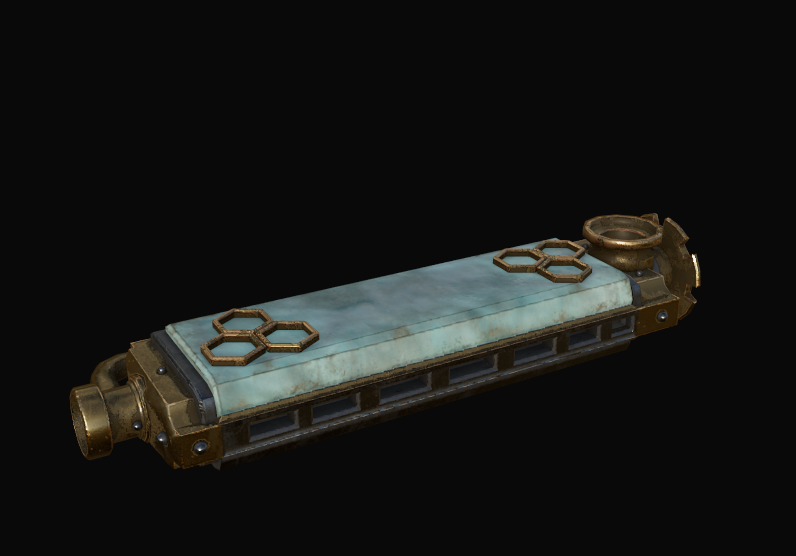 Model: the harmonica, a brass and teal instrument with honeycomb inlays.