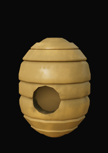 Model: a straw skep hive, round and banded, with one dark entrance.