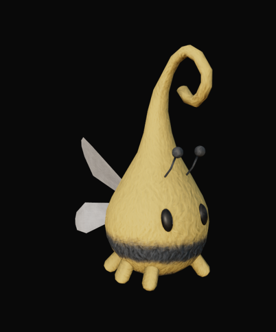 Model: a pear-shaped bee whose head curls into a spiral, small wings and stubby legs.