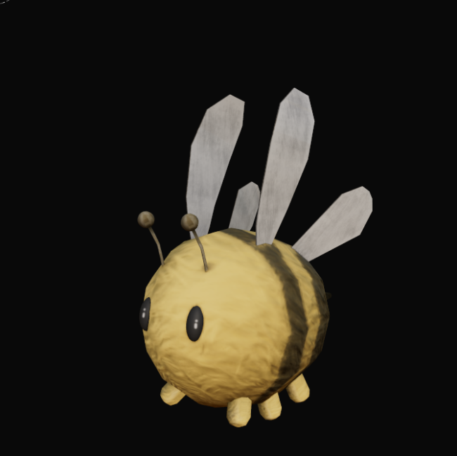 Model: a fuzzy striped bee with tall translucent wings.
