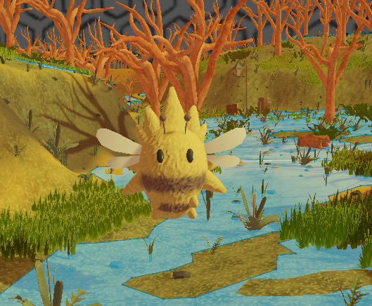 A spiky, round bee hovering over shallow swamp water among bare orange trees.